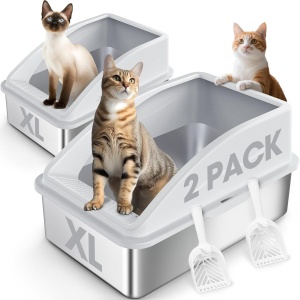 AIPERRO 2 Pack Stainless Steel Litter Box for Multi-Cats, XL Metal Cat Litter Pan with High Sides, Easy to Clean and Odor Control, Anti-Urine Leakage & Non-Stick Bottom（Silver）