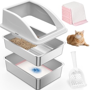 AIPERRO Stainless Steel Sifting Cat Litter Box for Clumping Litter, XXL Metal Litter Pan with High Sides, Non-Stick Surface, Odor Control, Easy to Clean, Saving Litter