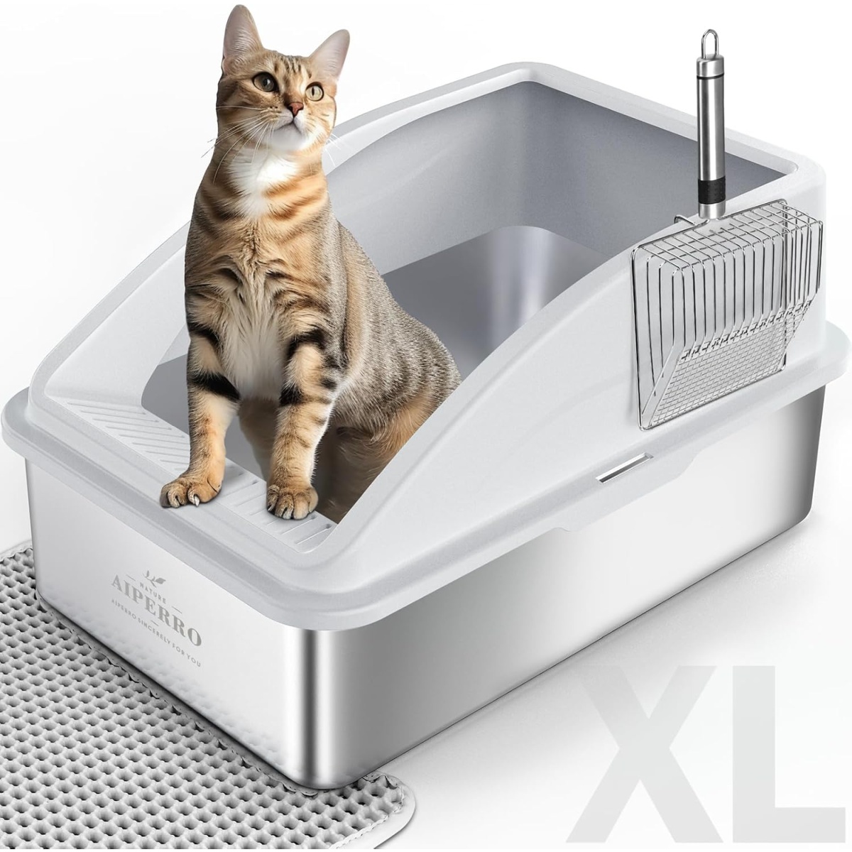 AIPERRO Stainless Steel Cat Litter Box, Enclosed Litter Box for Odor Control, XL Large Litter Box with Lid for Multi Cats, High Sides, Easy to Clean, Anti-Leakage & No-Stick Bottom（Silver）